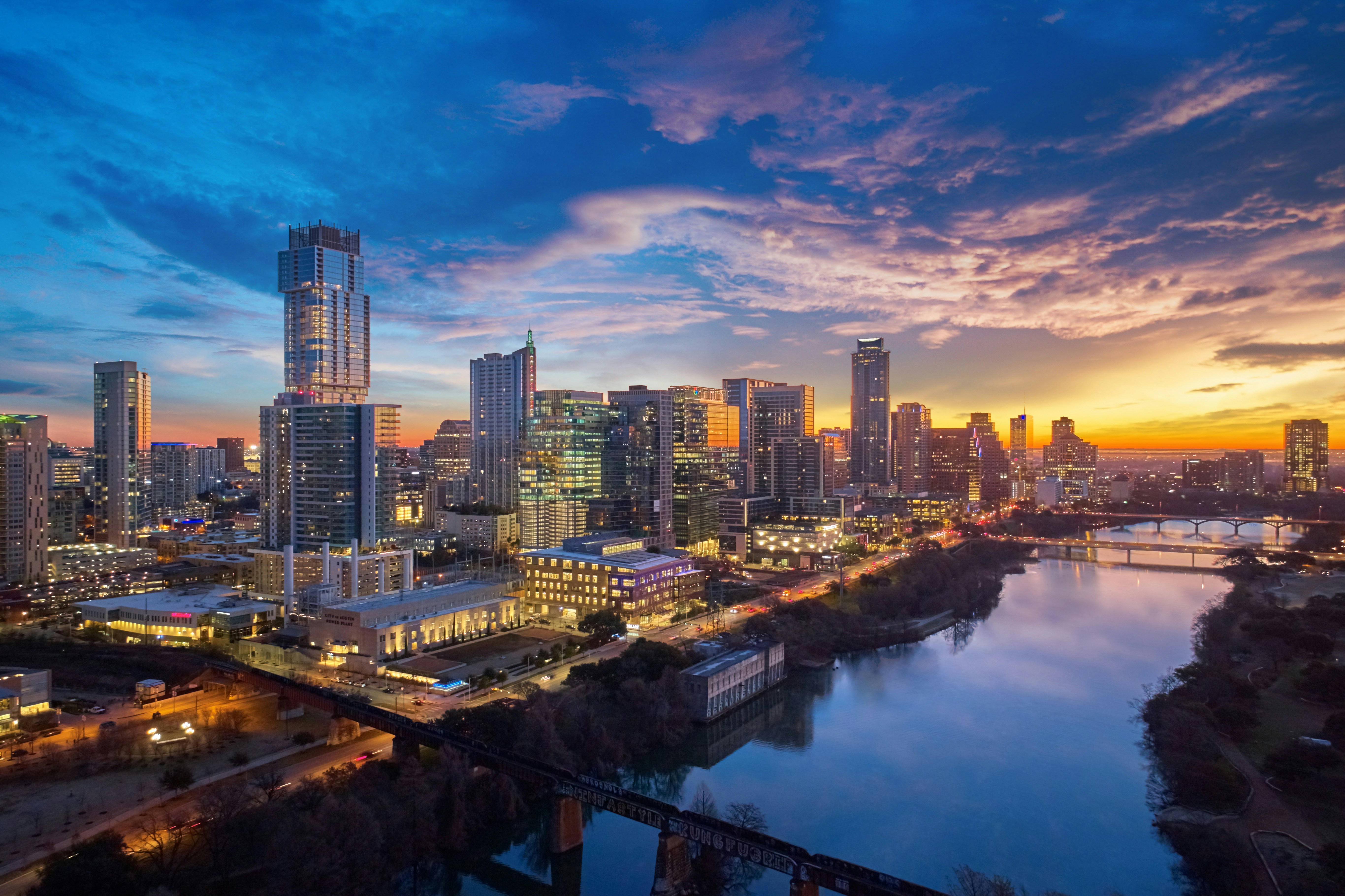 Multifamily apartment towers at dusk